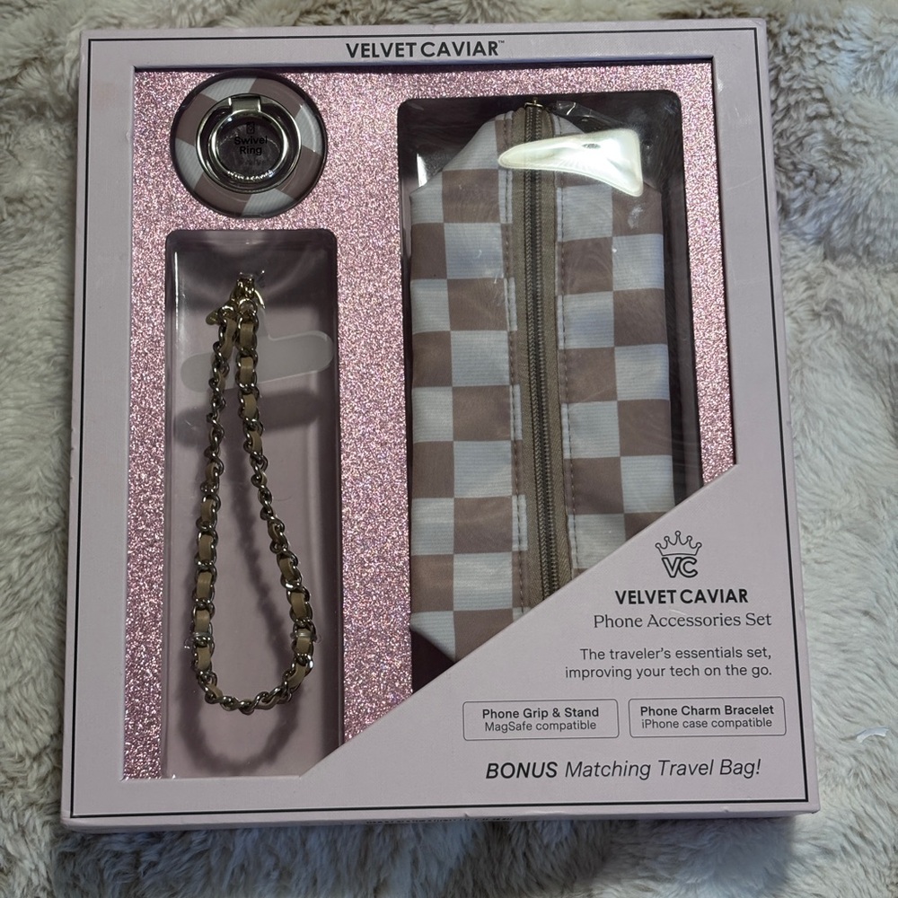 Velvet Caviar Cream and Brown Checkered Phone Accessories Set in Cute Pink Box